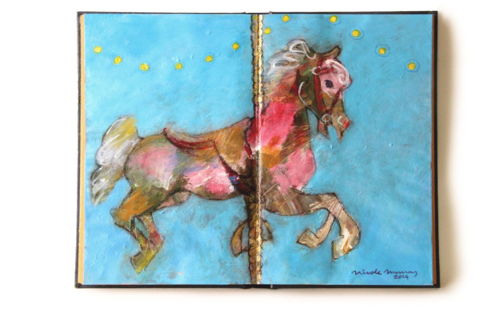 The Merry-go-round in the Sea, acrylic and charcoal on book substrate. ©2014