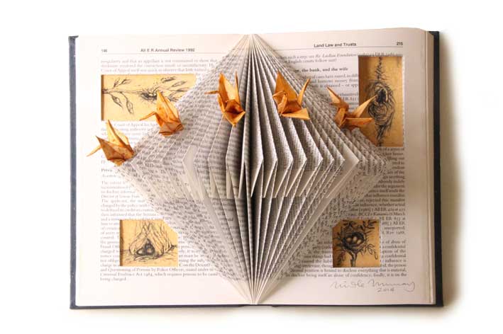 The Peace Cranes, paper-folding, charcoal and shellac on book substrate. ©2014